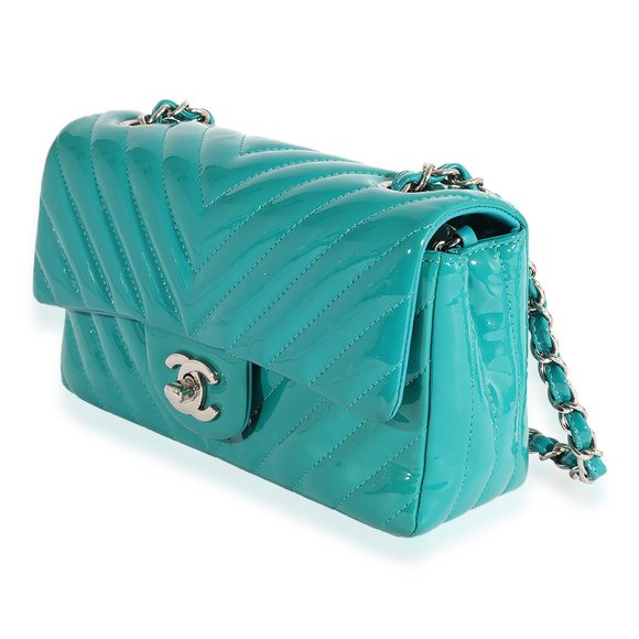 Chanel Teal Chevron Quilted Patent Leather Mini Rectangular Classic Flap Bag - Picture 2 of 8